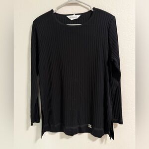 Misook Black Ribbed Knit Top Long Sleeve w/ Metal Logo Accent Size L